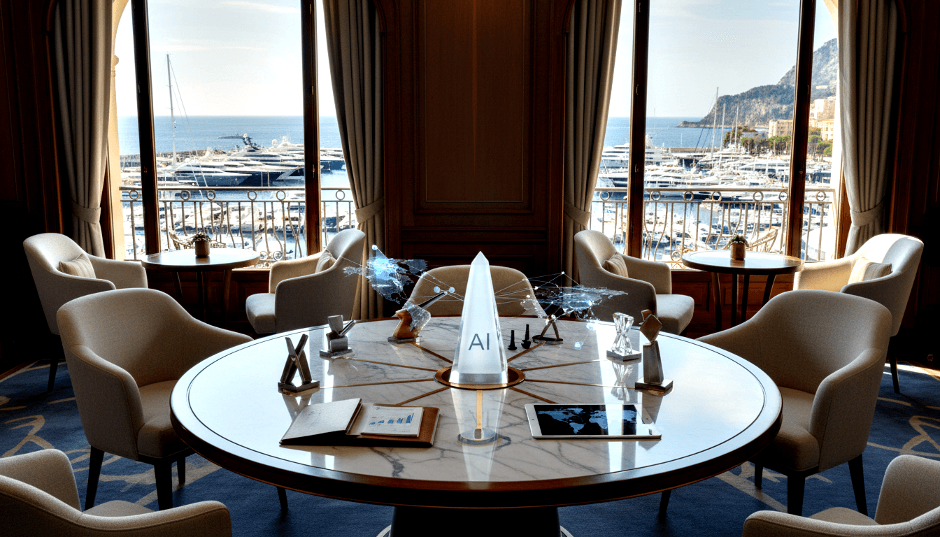 Circular marble conference table with cream armchairs surrounding a glowing white obelisk labeled 'AI', holographic world-map network above.