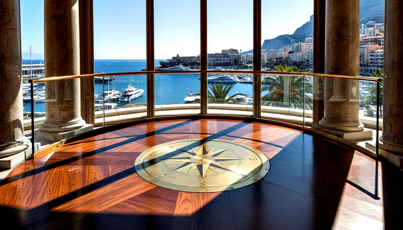 Rotunda interior: brass compass rose in hardwood floor, curved glass windows overlooking marina with yachts, palms, blue sea.