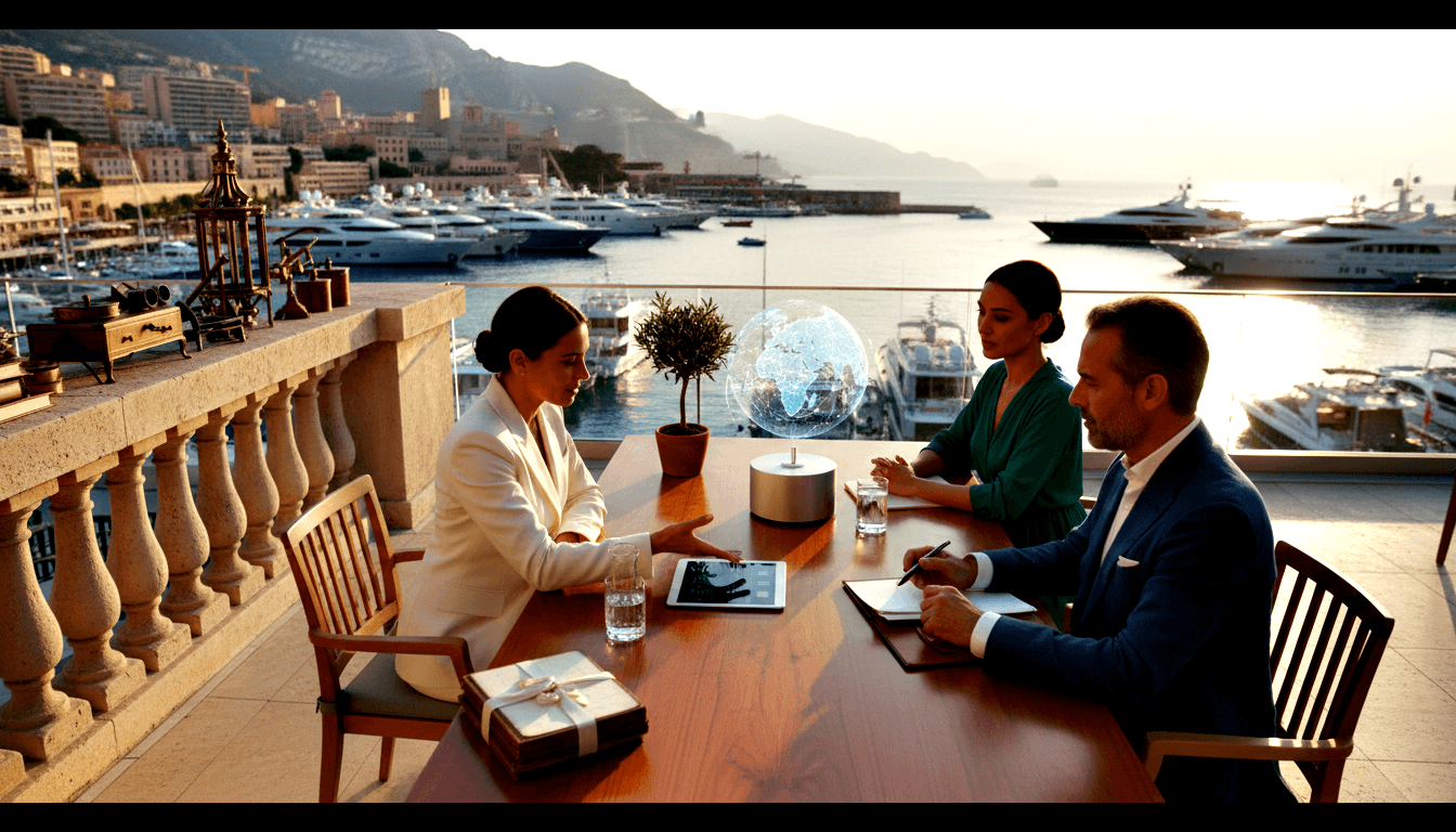 Three professionals at a terrace table with holographic globe, tablet, and documents, overlooking a yacht marina and mountains at golden hour.