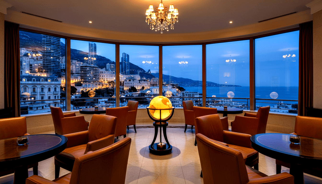Glowing globe on dark wood pedestal, cognac armchairs, crystal chandelier, curved windows with twilight coastal city view.