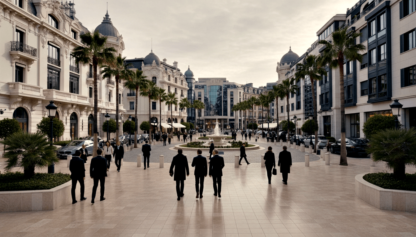 Plaza with circular fountain, cream-stone classical buildings left, glass-steel structures right, suited figures walking away.