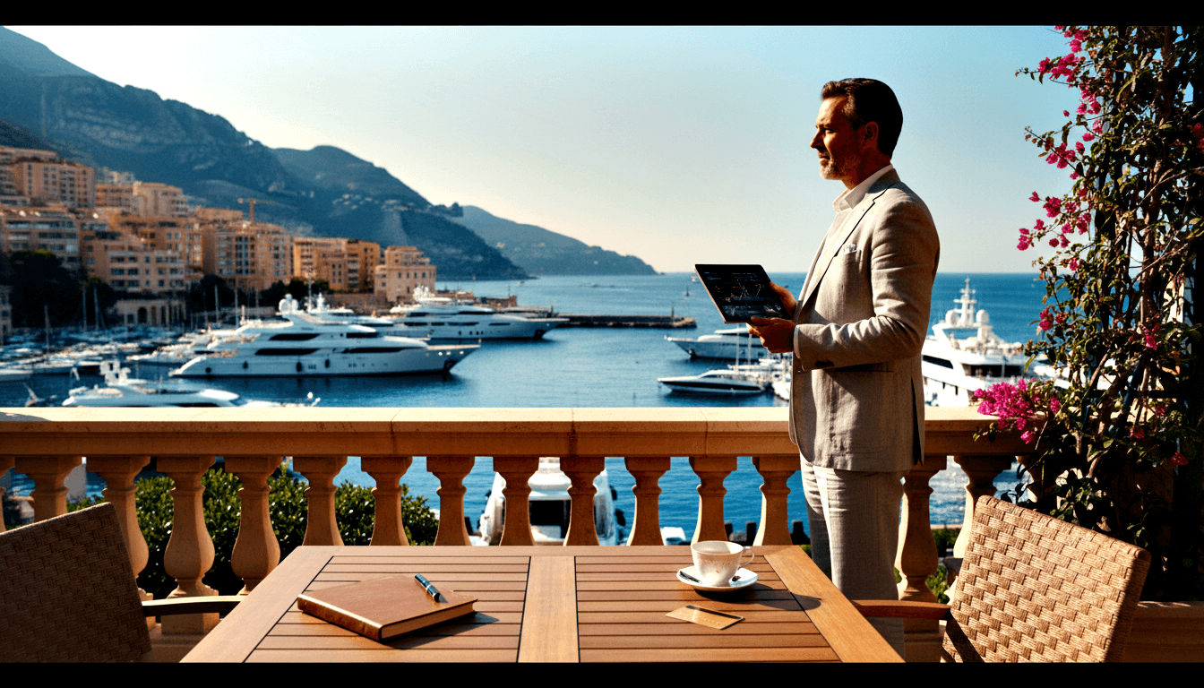 Man in grey linen suit holding tablet with data dashboard on stone terrace with harbor, white yachts, and hillside apartments behind.