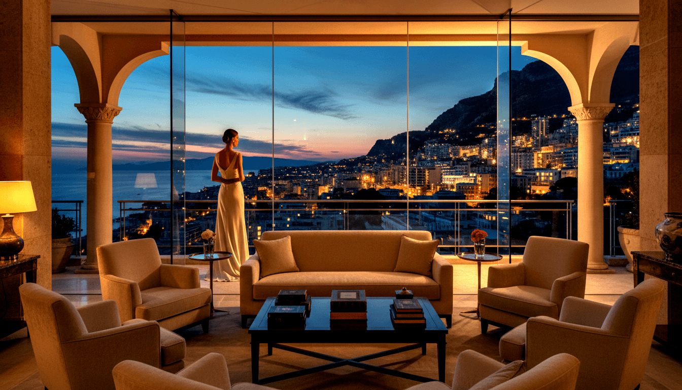 Woman in sleeveless ivory gown, back to camera, gazing through floor-to-ceiling glass at a twilight coastal cityscape.
