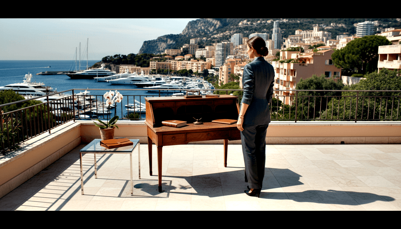 Dark-haired woman in charcoal wide-leg suit leans toward open antique mahogany roll-top desk on sunlit marble terrace overlooking coastal harbor.