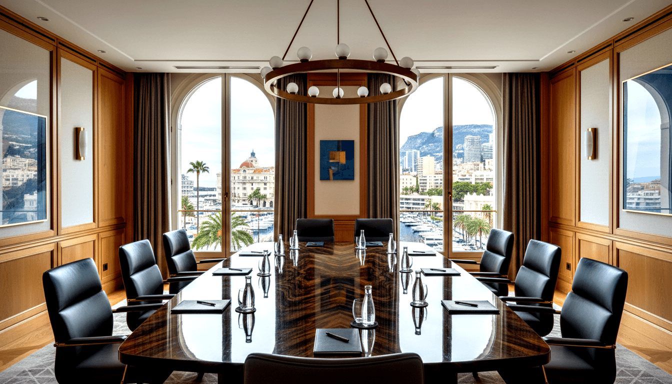 Boardroom with oval herringbone table, black leather chairs, globe chandelier, and arched windows overlooking a coastal harbor.
