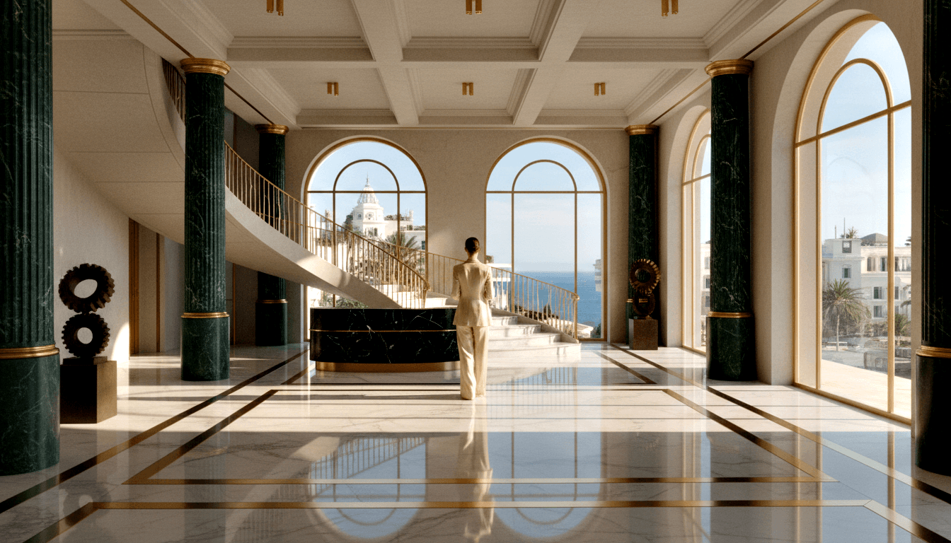 CGI atrium: coffered ceiling, gold lights, green marble columns, cream-suited figure walks to curved marble reception desk, coastal view.