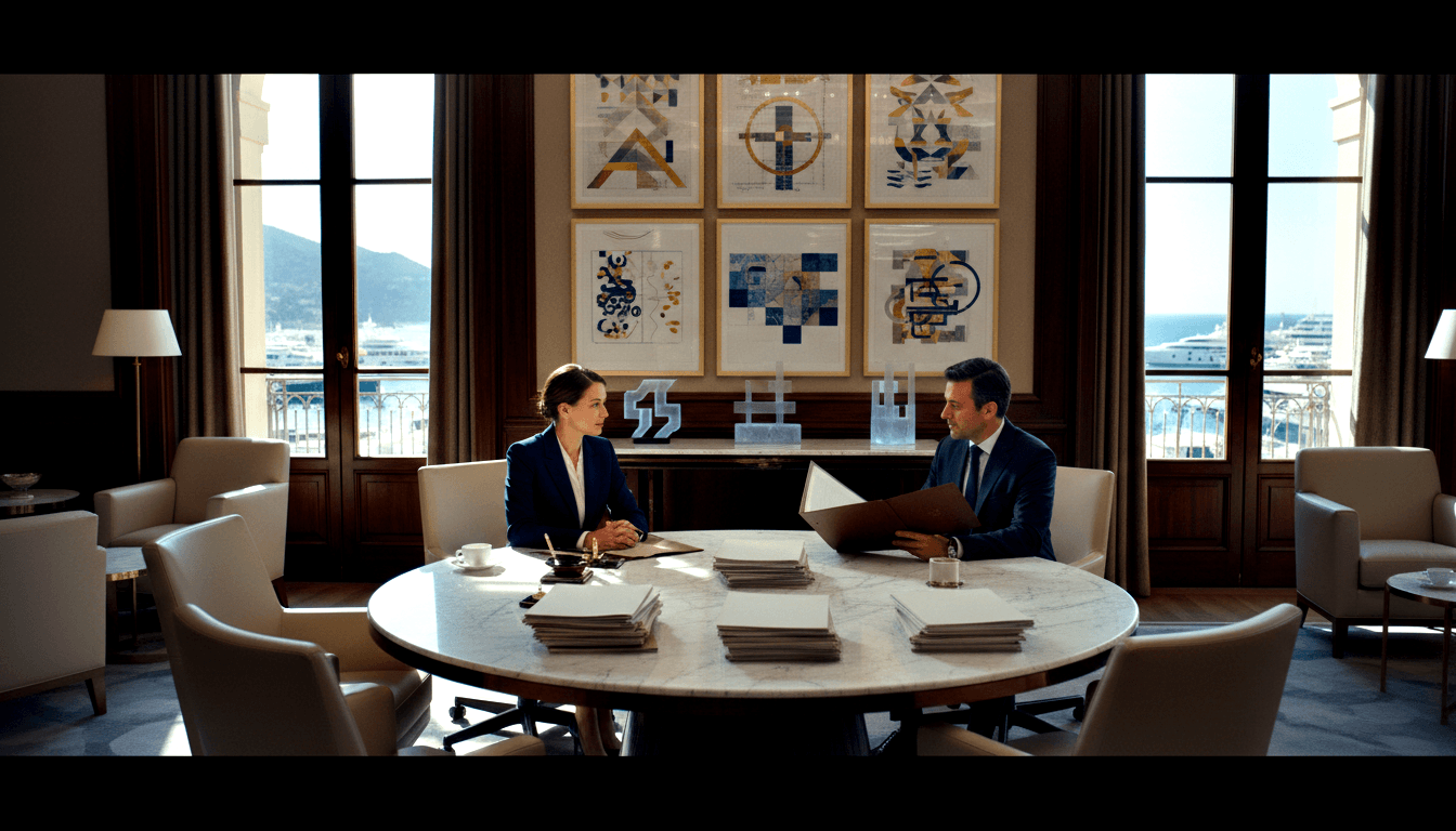 Two professionals at a round marble table, woman in navy blazer and man in dark suit reviewing an open folder, with coastal harbor view behind.