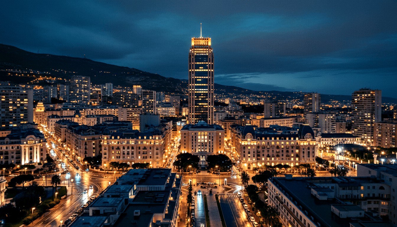 Aerial night view: amber-lit glass skyscraper with spire, palm-lined boulevards, classical domed buildings, mountains in background.