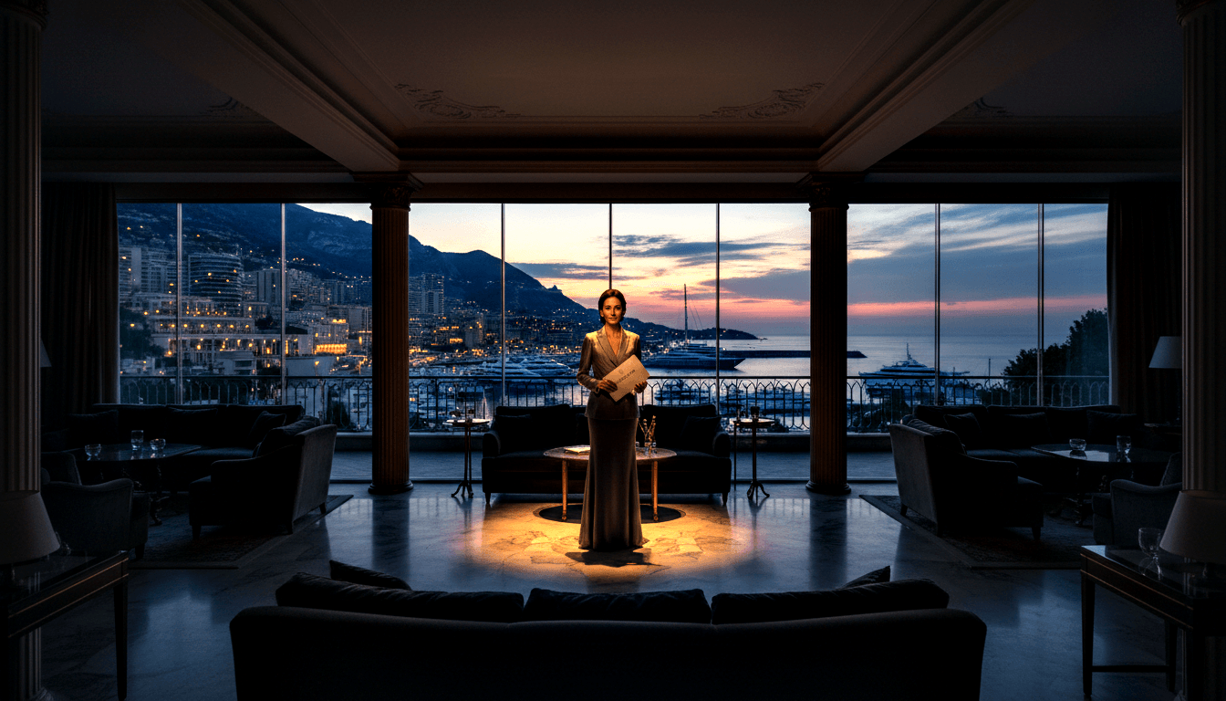 Woman in floor-length metallic silver-gray gown stands before panoramic window overlooking a harbor with amber-lit hillside and coral-pink sky.