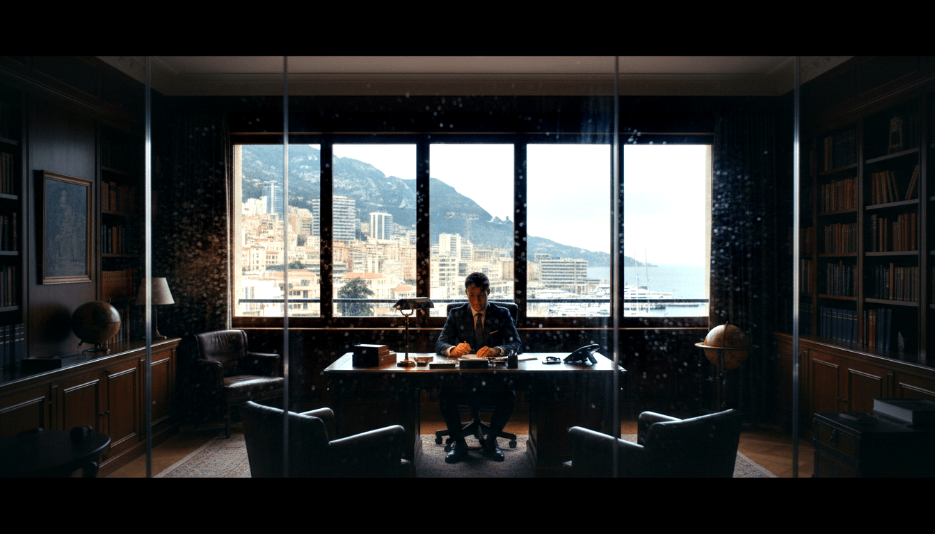 Male figure in dark navy suit behind large wooden executive desk in wood-paneled office with bookshelves, globes, and coastal cityscape window.