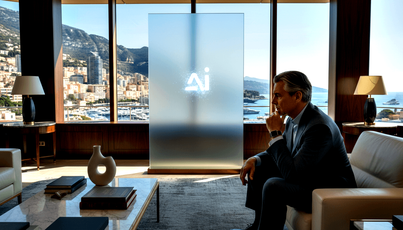 Middle-aged man in charcoal blazer and light blue shirt seated in warmly lit interior with walnut walls and frosted glass panel reading 'Ai'.