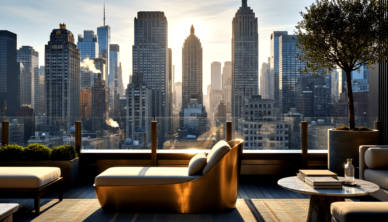 CGI rooftop terrace: gold-base chaise lounge, cream cushions, marble side table, olive tree, glass balustrade, skyline at golden hour.