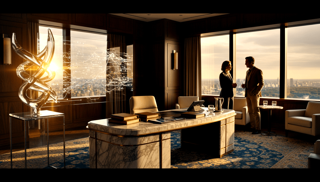 Two silhouetted figures by corner windows in executive office with marble desk, holographic display, glass double-helix sculpture.