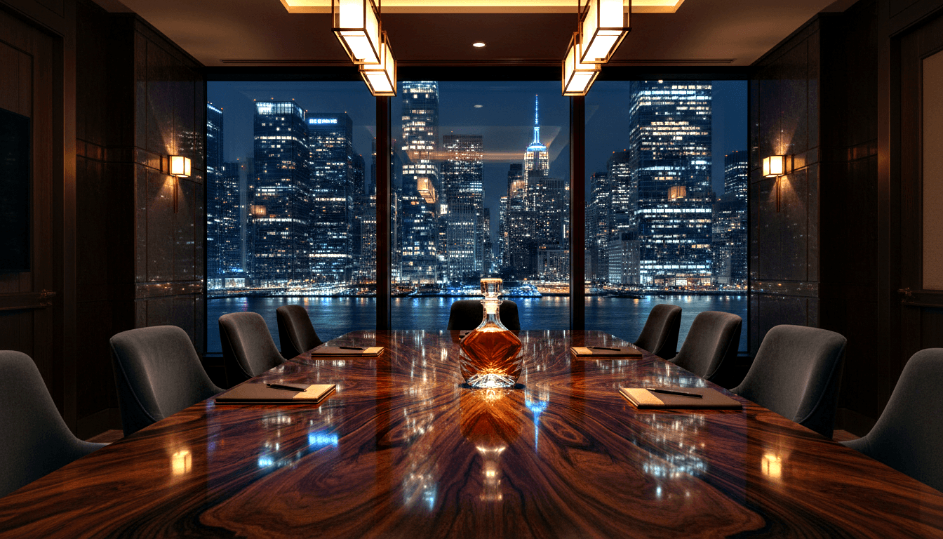 Night boardroom: dark wood table, crystal decanter, charcoal chairs, Asian lanterns, windows revealing lit city skyline reflected in water.