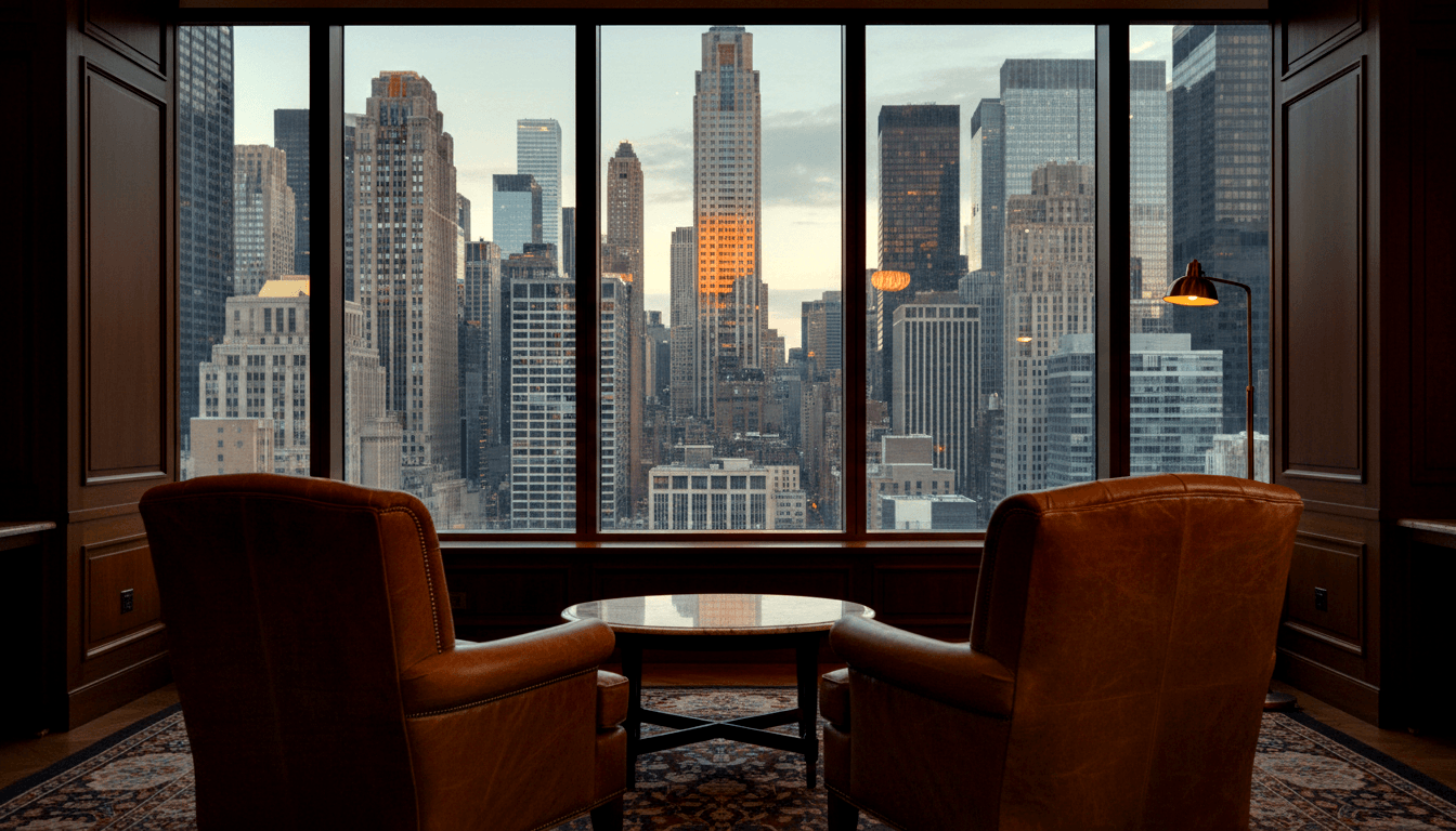 Two cognac leather nail-head armchairs flank a round side table before tall windows with golden-hour city skyline at dusk.