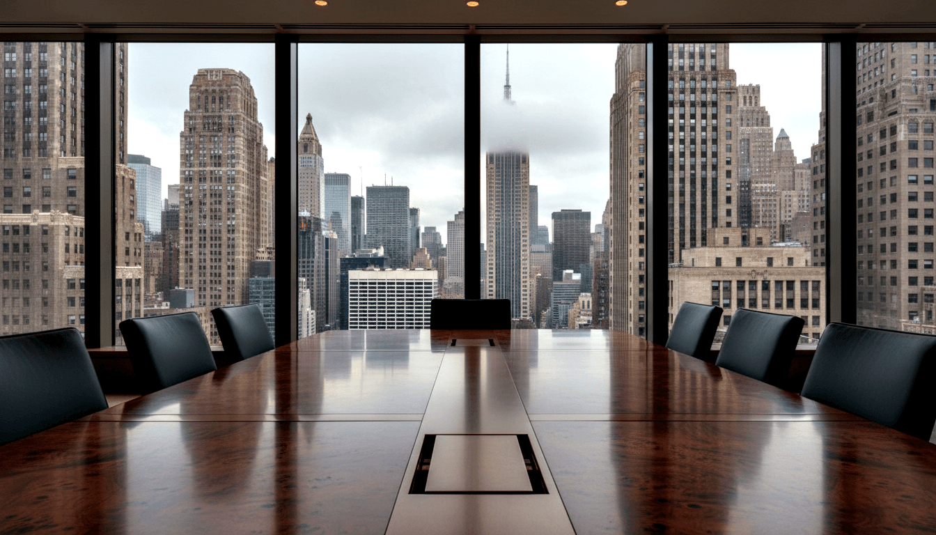 Empty boardroom with dark reddish-brown table, black leather chairs, and floor-to-ceiling windows overlooking a foggy high-rise skyline.