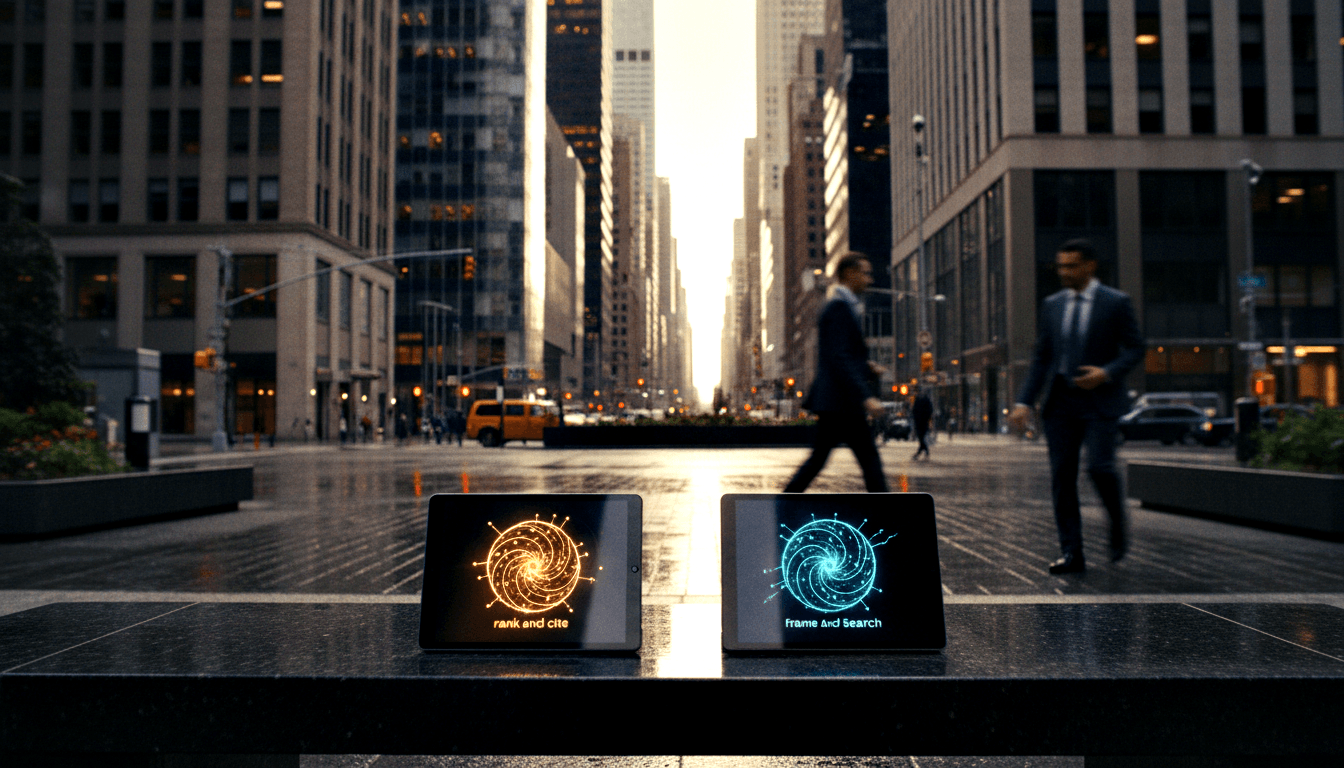 Two tablets on wet urban ledge: amber spiral 'rank and cite' left, cyan spiral 'Frame And Search' right; blurred suited figures behind.
