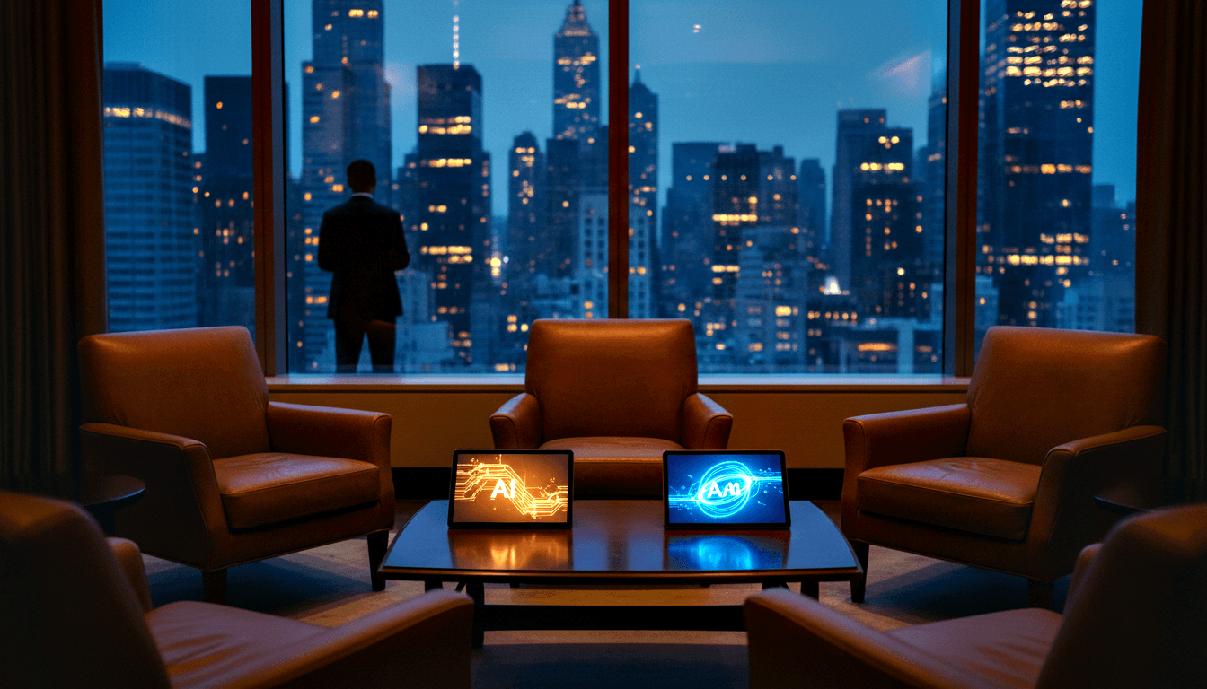 Silhouetted figure at floor-to-ceiling windows facing dusk skyline; leather chairs around table with glowing AI tablets.