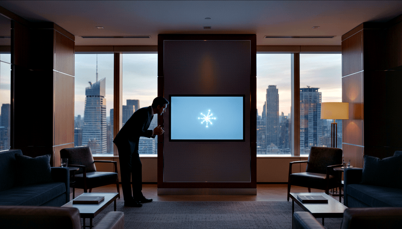 Person in dark suit leaning toward wall-mounted display showing network diagram, in dim room with sofas and city skyline at dusk.