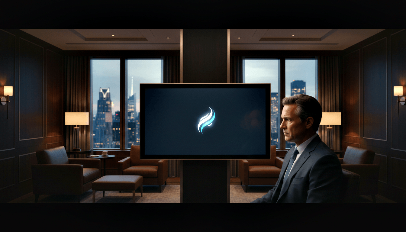 Man in charcoal suit seated beside display with blue-white flame emblem; dim interior, nighttime city skyline behind.