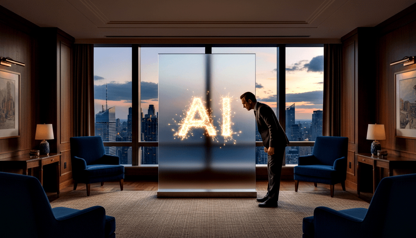 Man in dark suit bowing toward a frosted glass panel with glowing sparkler letters spelling 'AI', flanked by navy armchairs and warm lamps.