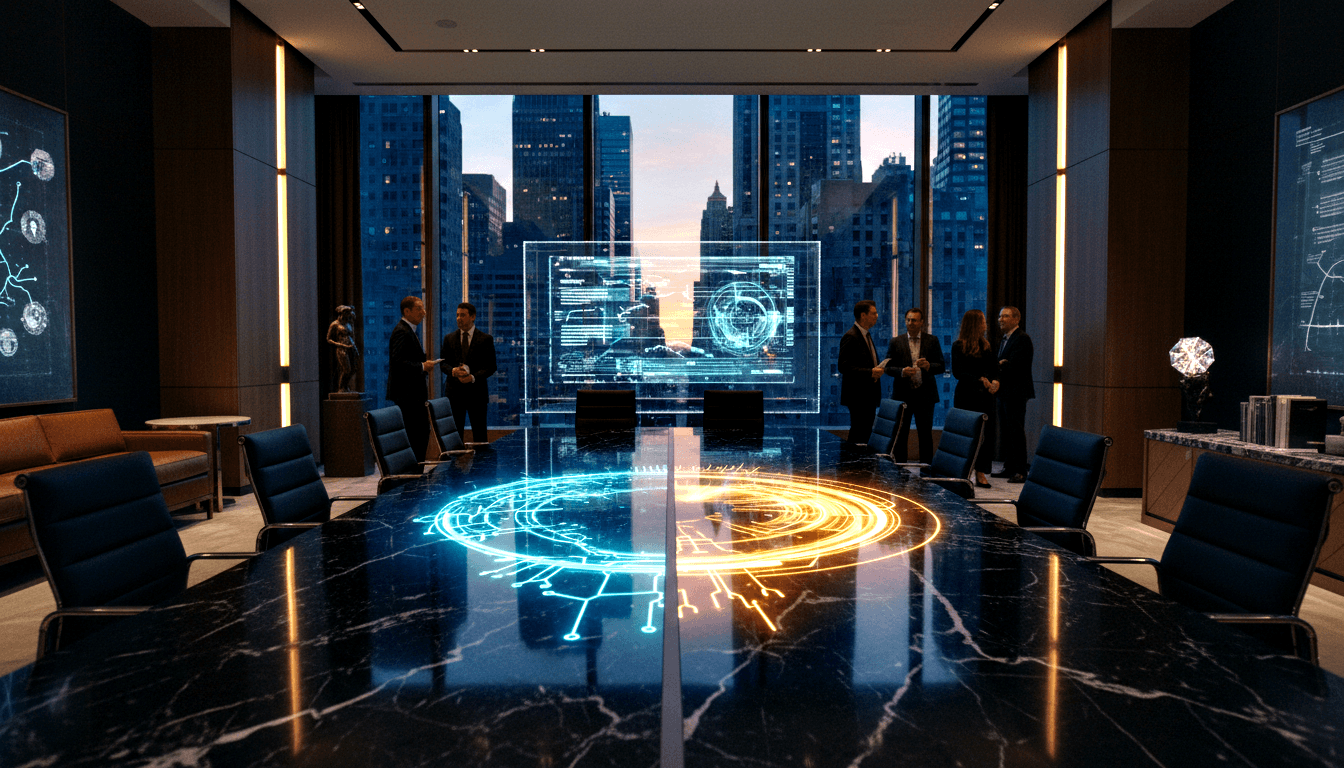 CGI boardroom: dark marble table, cyan/amber holograms, suited figures in two groups, floor-to-ceiling windows at twilight.