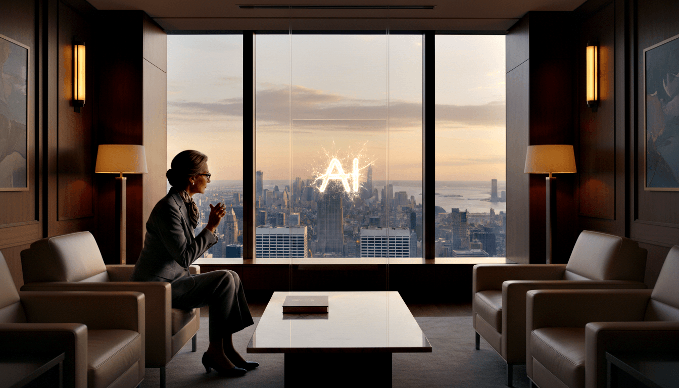 Dark-haired woman in gray suit and glasses sits on cream chair, one hand raised, city skyline at dusk visible through floor-to-ceiling windows.