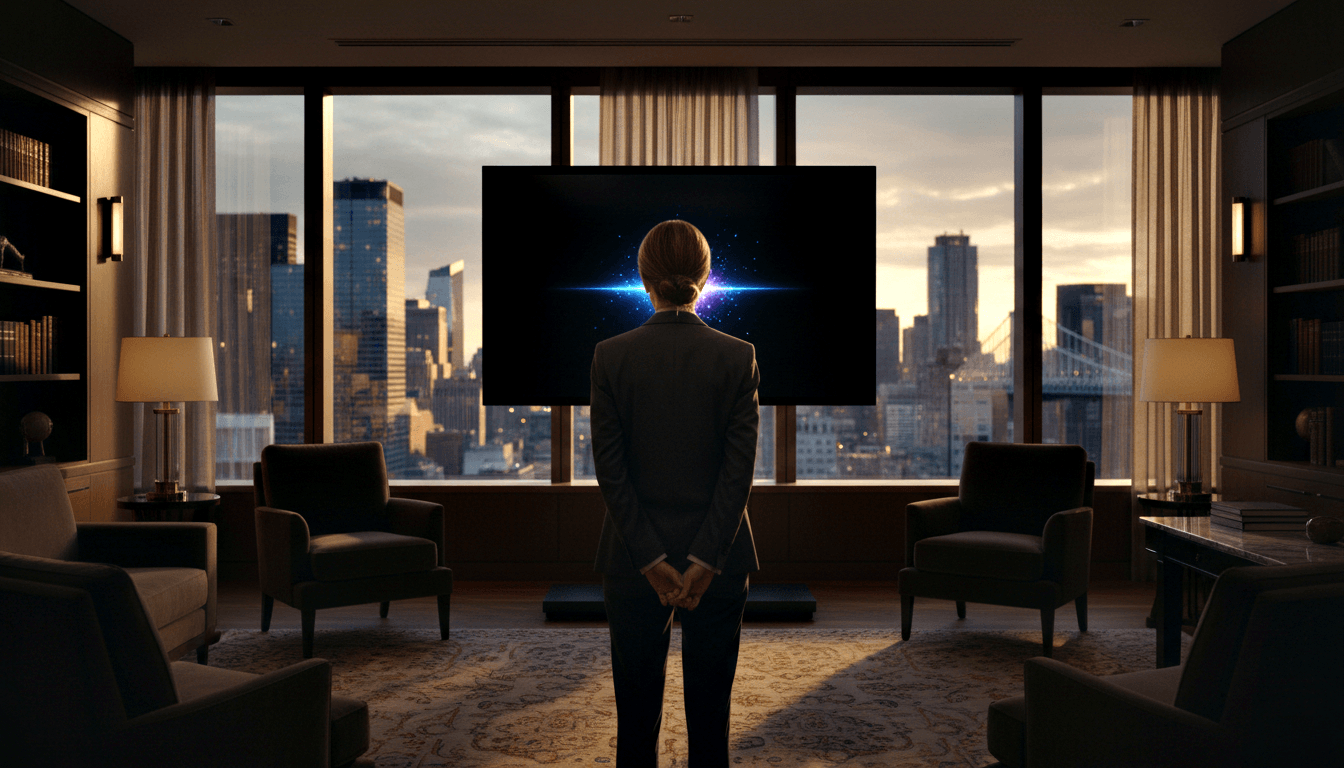 Person in blazer, back to camera, faces large dark screen in dim room with bookshelves, armchairs, and dusk cityscape beyond.