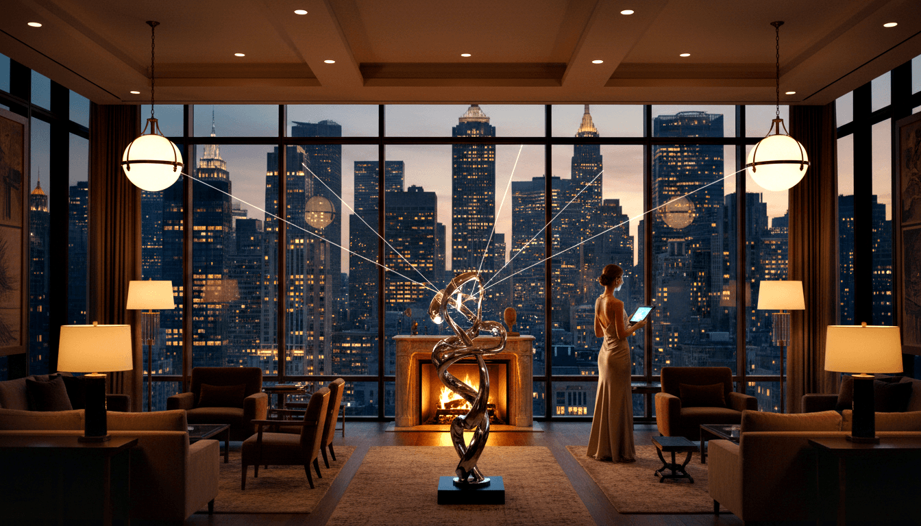 Chrome ribbon sculpture with glowing sphere before lit marble fireplace; woman in champagne gown faces city skyline windows.