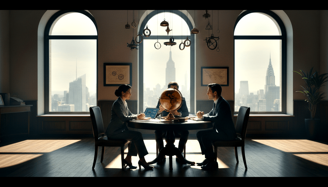 Three people at a round dark wooden table in a high-rise boardroom with arched windows, city skyline, and a vintage globe at center.