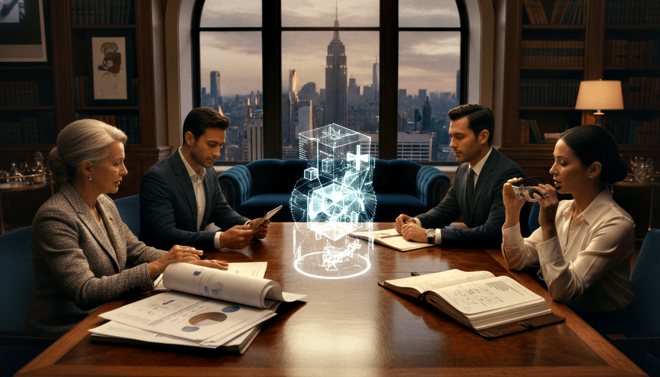 Four professionals around a mahogany conference table reviewing a cyan wireframe 3D hologram in a wood-paneled boardroom with an arched window.