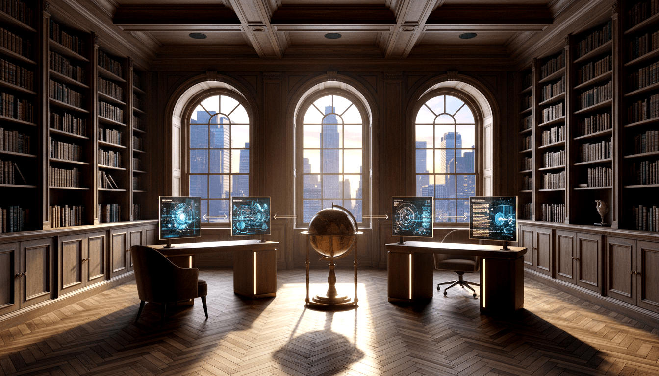 CGI library interior with two curved wooden desks, cyan holographic monitors, and a large antique globe flanked by dark wood bookshelves.