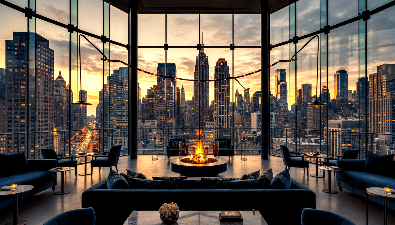 Round bowl fire pit flanked by navy velvet sofas, floor-to-ceiling glass walls revealing amber urban skyline at dusk.