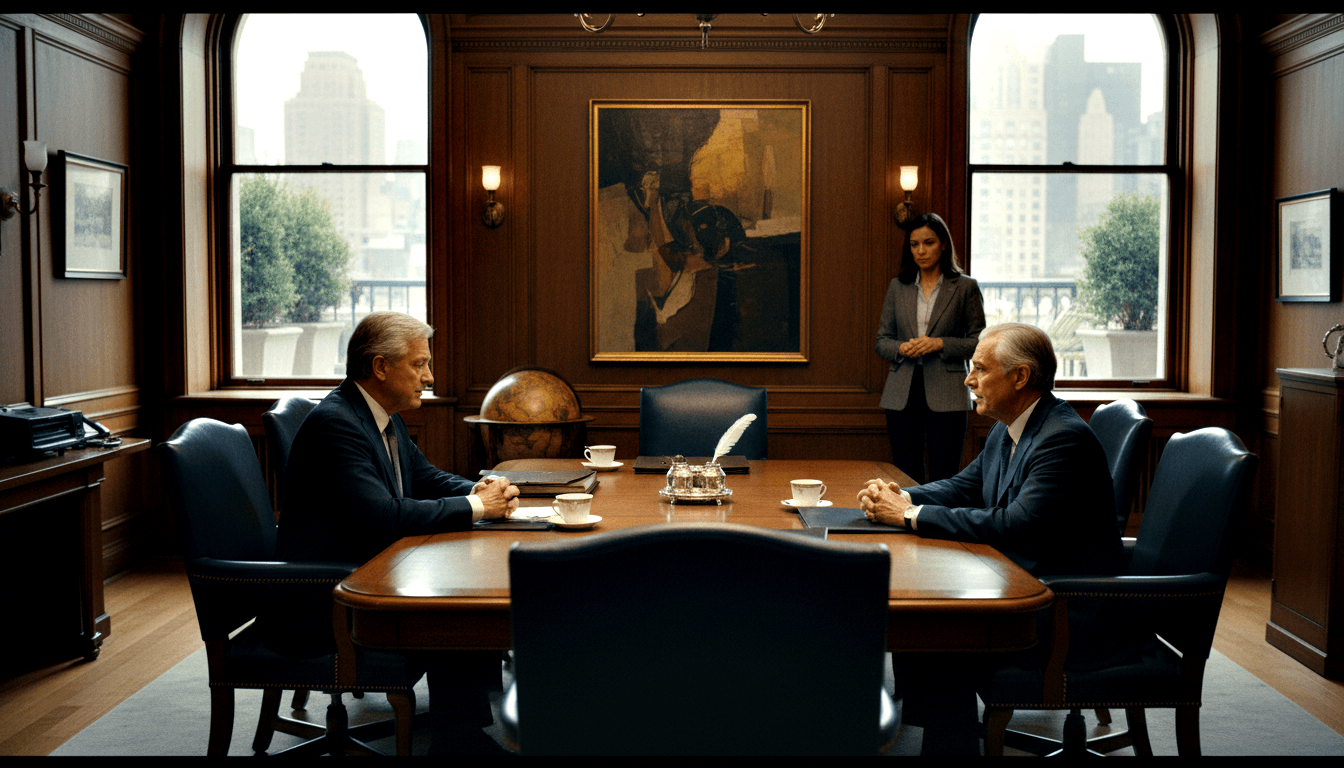 Two older men in dark suits sit at a mahogany table with teacups and folders; a woman in a gray blazer stands behind them.