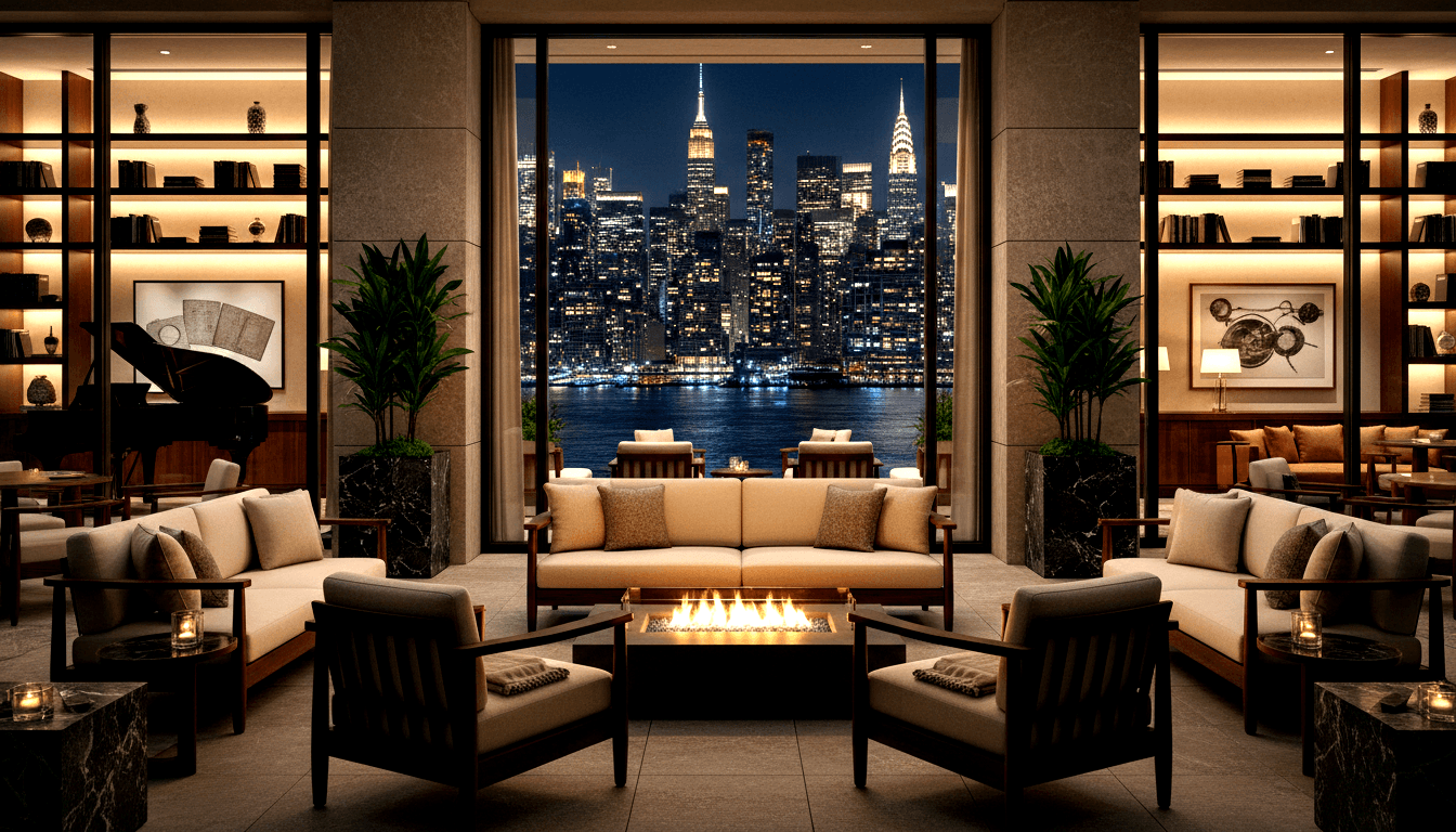 Symmetrical lounge: cream sofas flank fire pit table, lit bookshelves, tall windows frame Art Deco nighttime skyline.