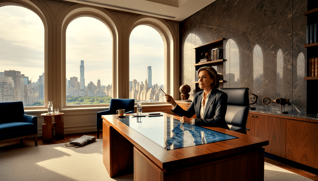 Dark-haired woman in navy blazer sits at illuminated touchscreen desk, pen raised, in corner office with arched windows.