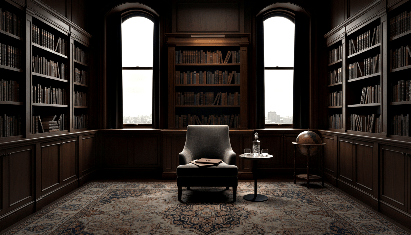 CGI private study with gray armchair on ornate rug, flanked by mahogany bookshelves and two arched windows with bright backlight.