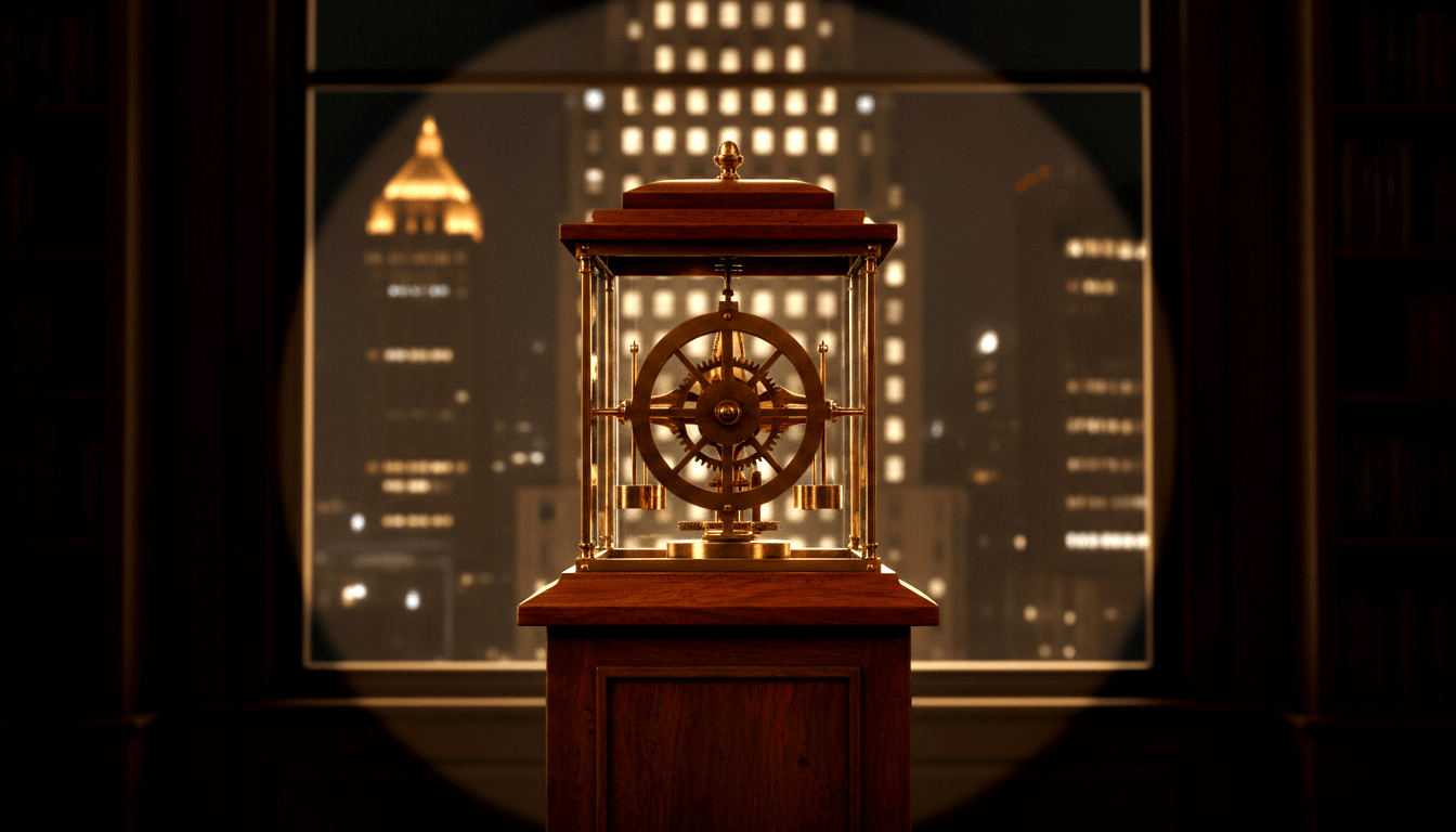 Brass skeleton clock with exposed gears, escapement, and bob weights in a glass-and-brass case on a dark mahogany pedestal.