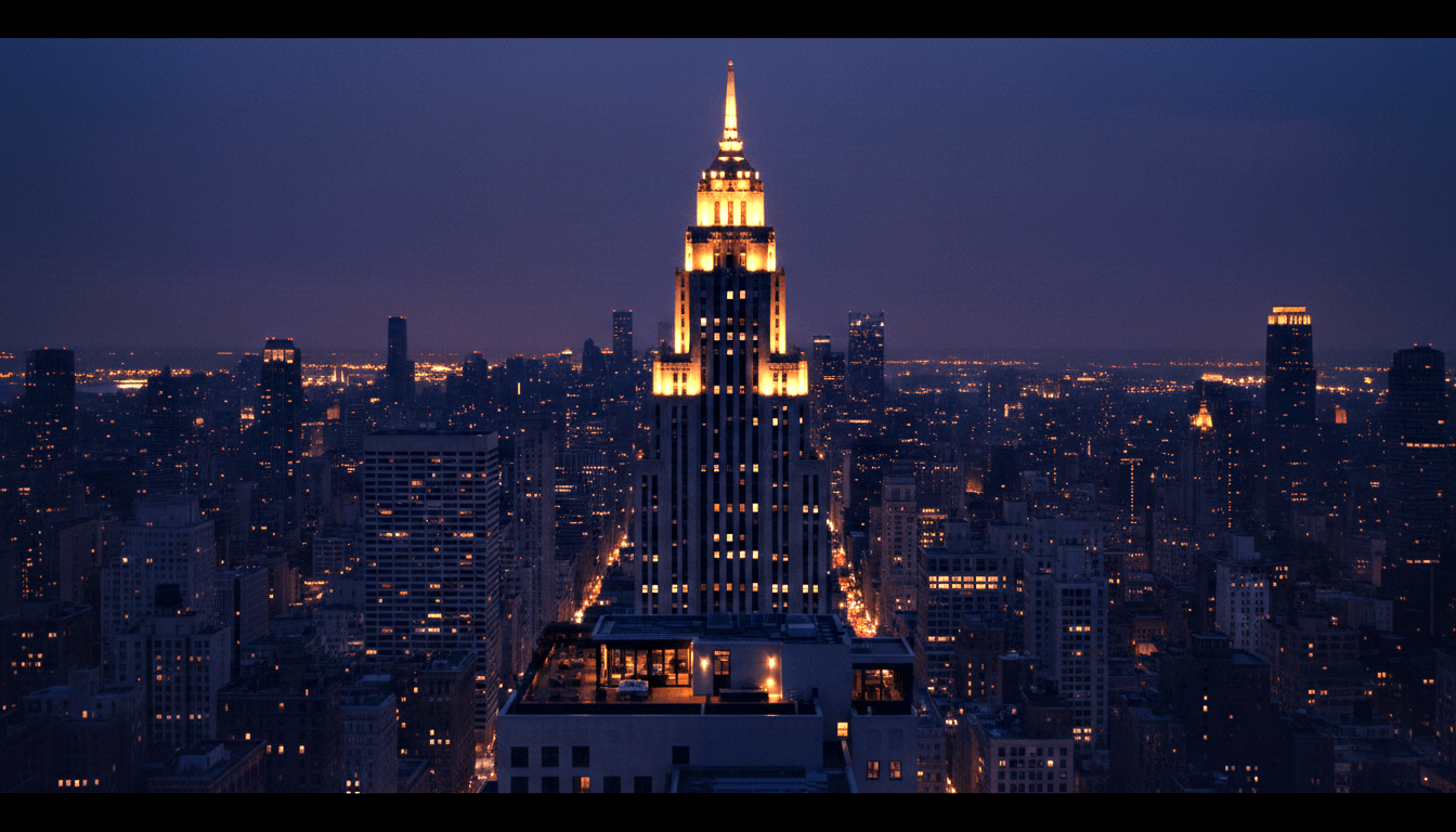 Art Deco skyscraper with stepped tiered crown and slender spire, dramatically uplit in warm amber against a deep blue-purple night sky.