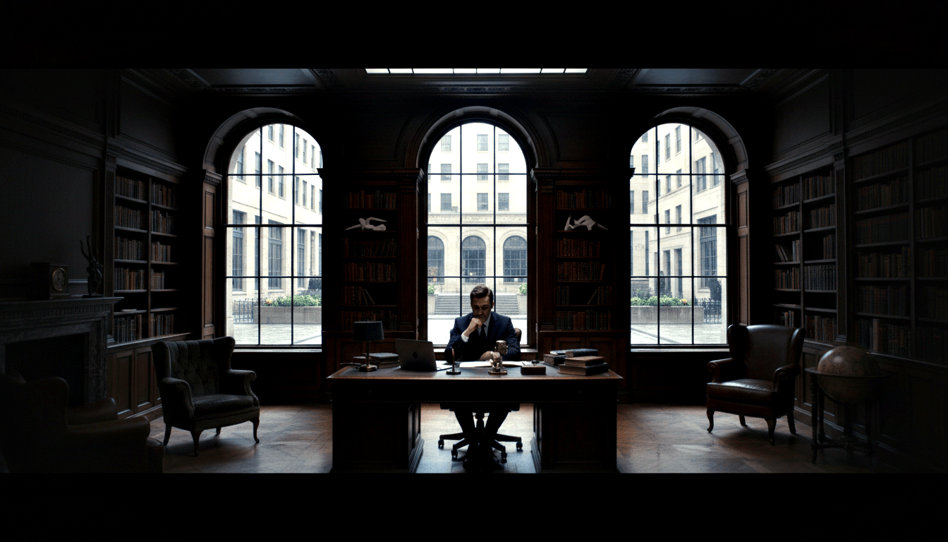Middle-aged man in dark suit sits pensively at large wooden executive desk in a vast formal library with floor-to-ceiling bookshelves.