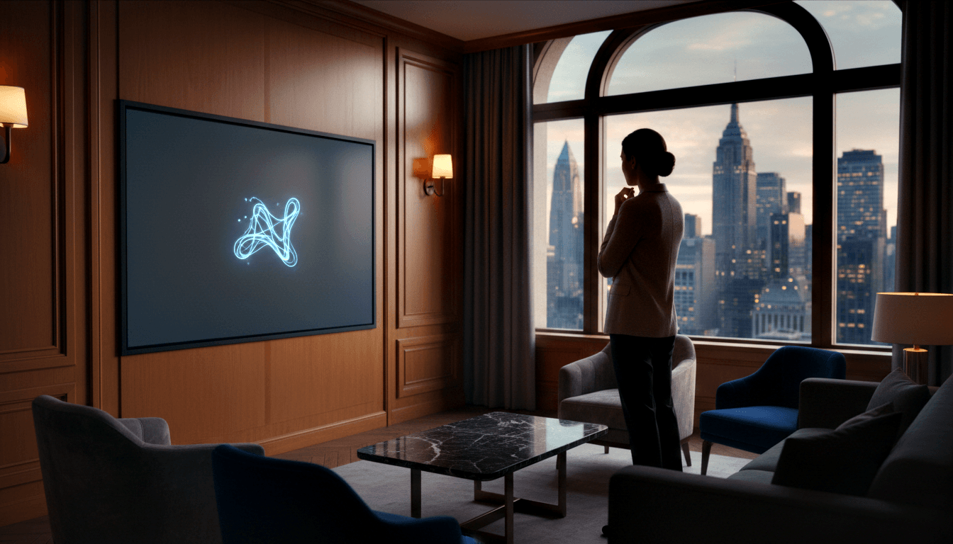Silhouetted woman before arched window, dusk skyline; amber wood walls, navy armchairs, marble table, blue knot on screen.