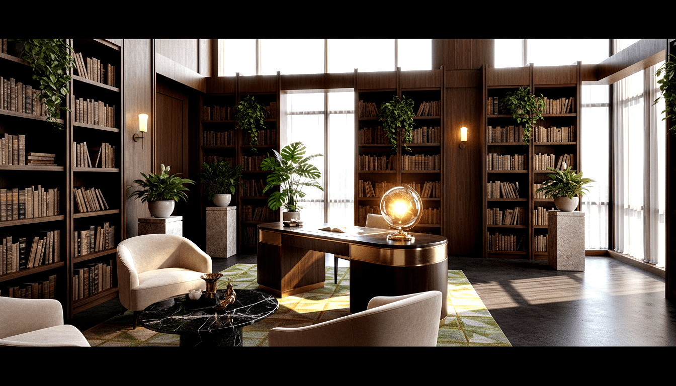 3D-rendered private library with curved dark wood desk, illuminated globe, floor-to-ceiling bookshelves, cream armchairs, and tall windows.