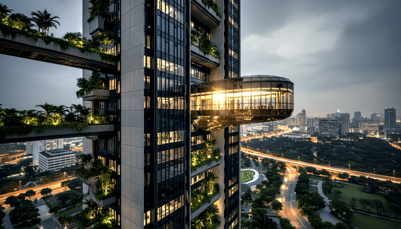 Two concrete towers at dusk, every balcony lush with tropical palms, linked by sky bridges, glowing elliptical glass pod cantilevering mid-tower.