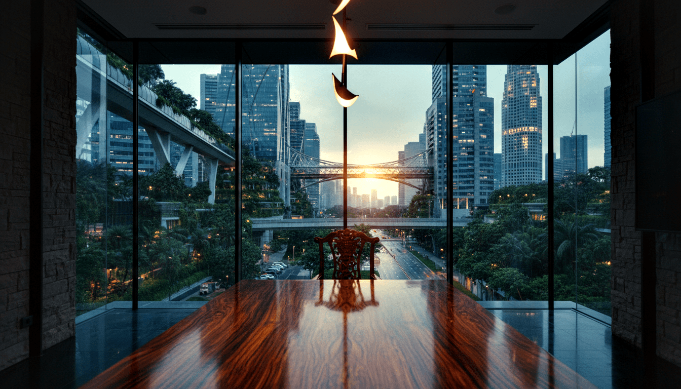 Dark wood table leading to ornate carved chair, bisected by flame pole, glass walls reveal dusk cityscape with skyscrapers.