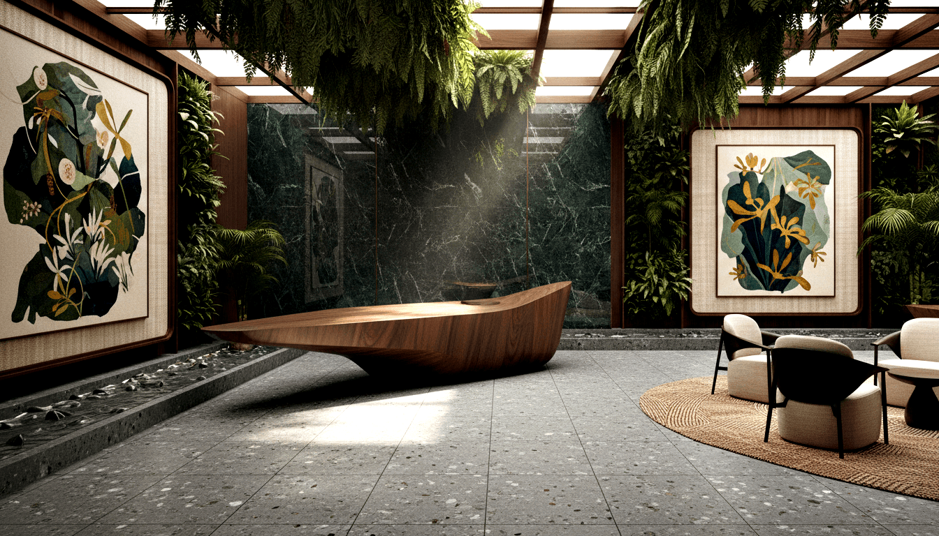 Walnut canoe bench on round woven rug; green marble walls, botanical art, ferns, palms, water channel, cream lounge chairs.