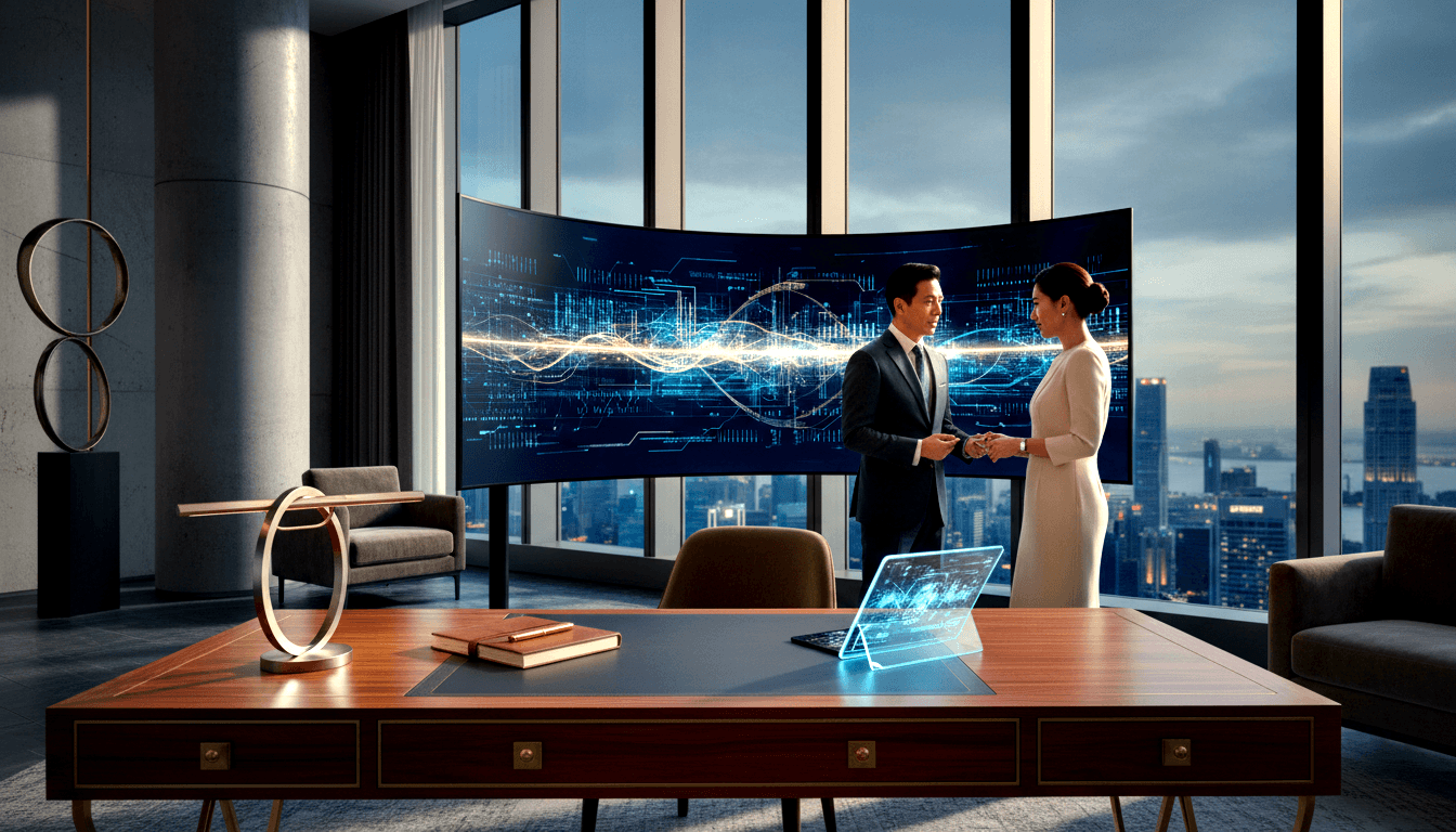 CGI: man in navy suit and woman in cream dress face each other in executive office with curved digital display behind them.