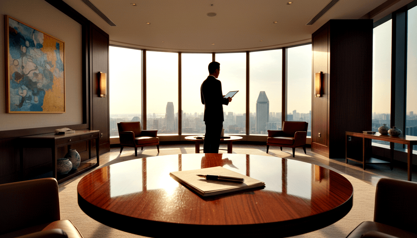 Silhouetted man in dark suit standing near curved panoramic windows in a CGI corner office with circular mahogany table.