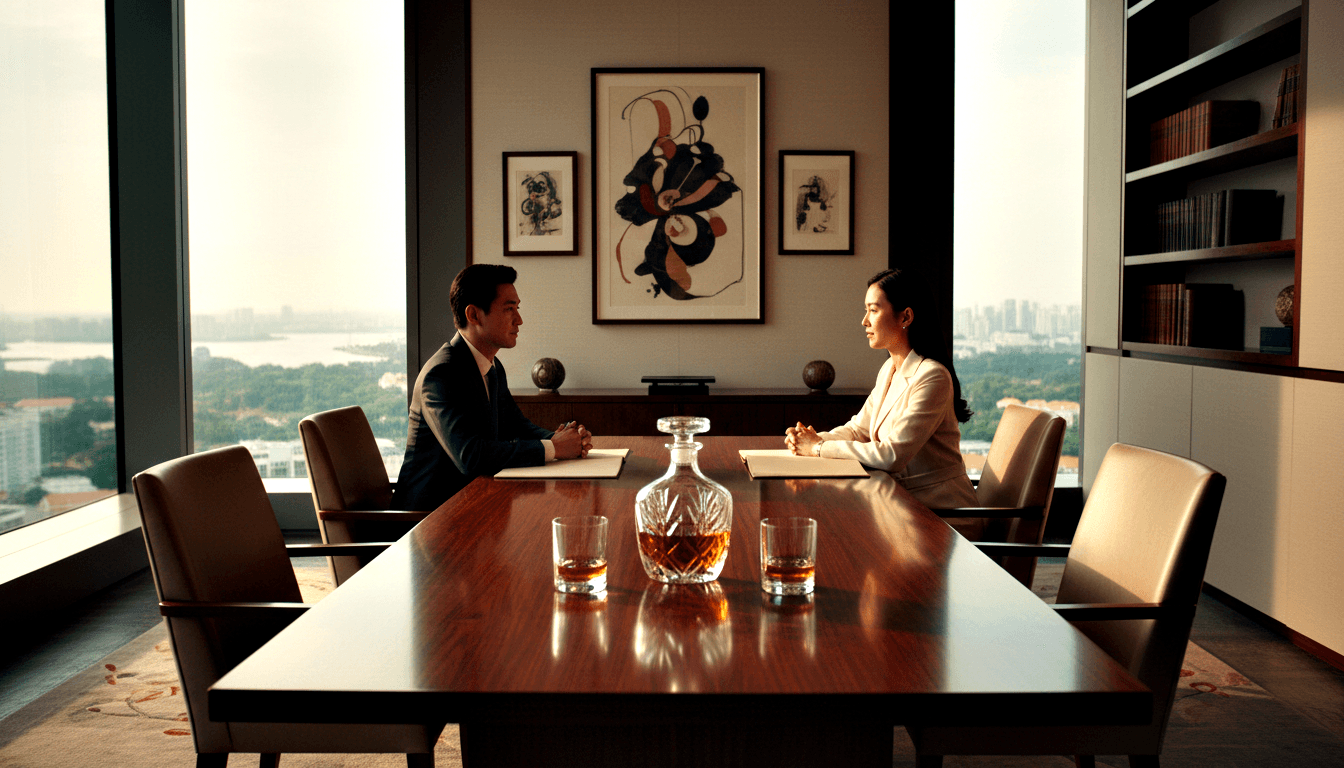 Man in navy suit and woman in cream blazer sit tensely across mahogany table with crystal decanter and untouched glasses between them.
