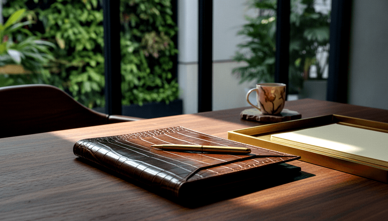Brown crocodile-embossed leather portfolio with a gold-toned ballpoint pen resting diagonally on top, on a wooden desk.