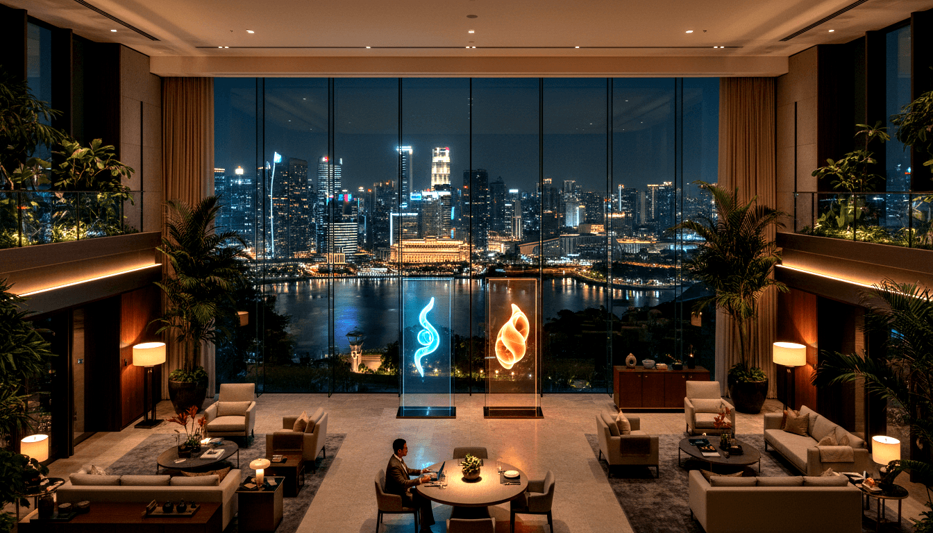 High-ceilinged hotel lounge at night with two glass vitrines holding glowing cyan spiral and amber shell, man on laptop, city skyline beyond.